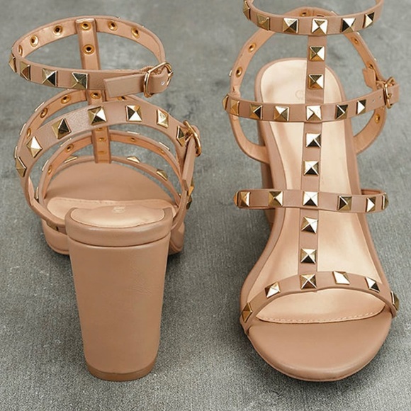 Phedra Natural Studded Ankle Strap Heels- Color: Natural - Picture 3 of 6
